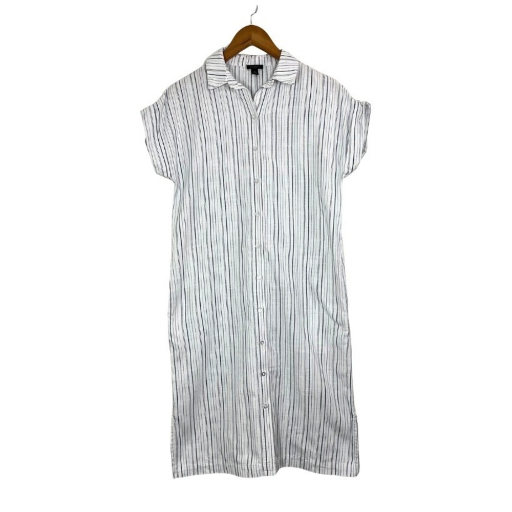 Ann Taylor Factory XS Blue White Striped Shirt Dress Cotton Button Front Casual‎ - Picture 2 of 9